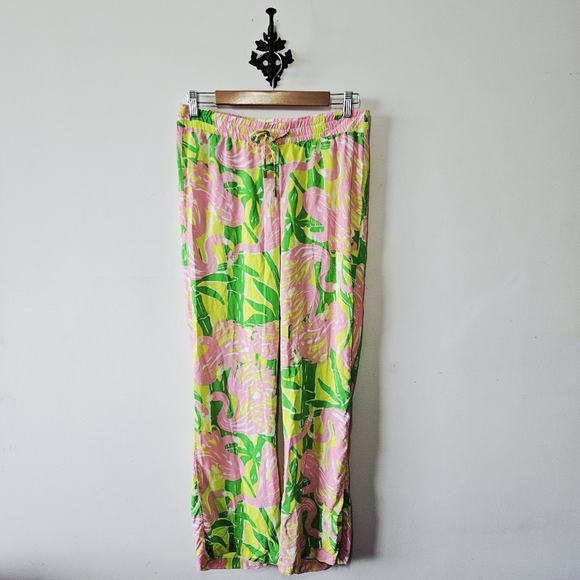 Lilly Pulitzer Fan Dance Palazzo Pants Size S Tropical Colorful Flamingo Bamboo - Picture 2 of 4